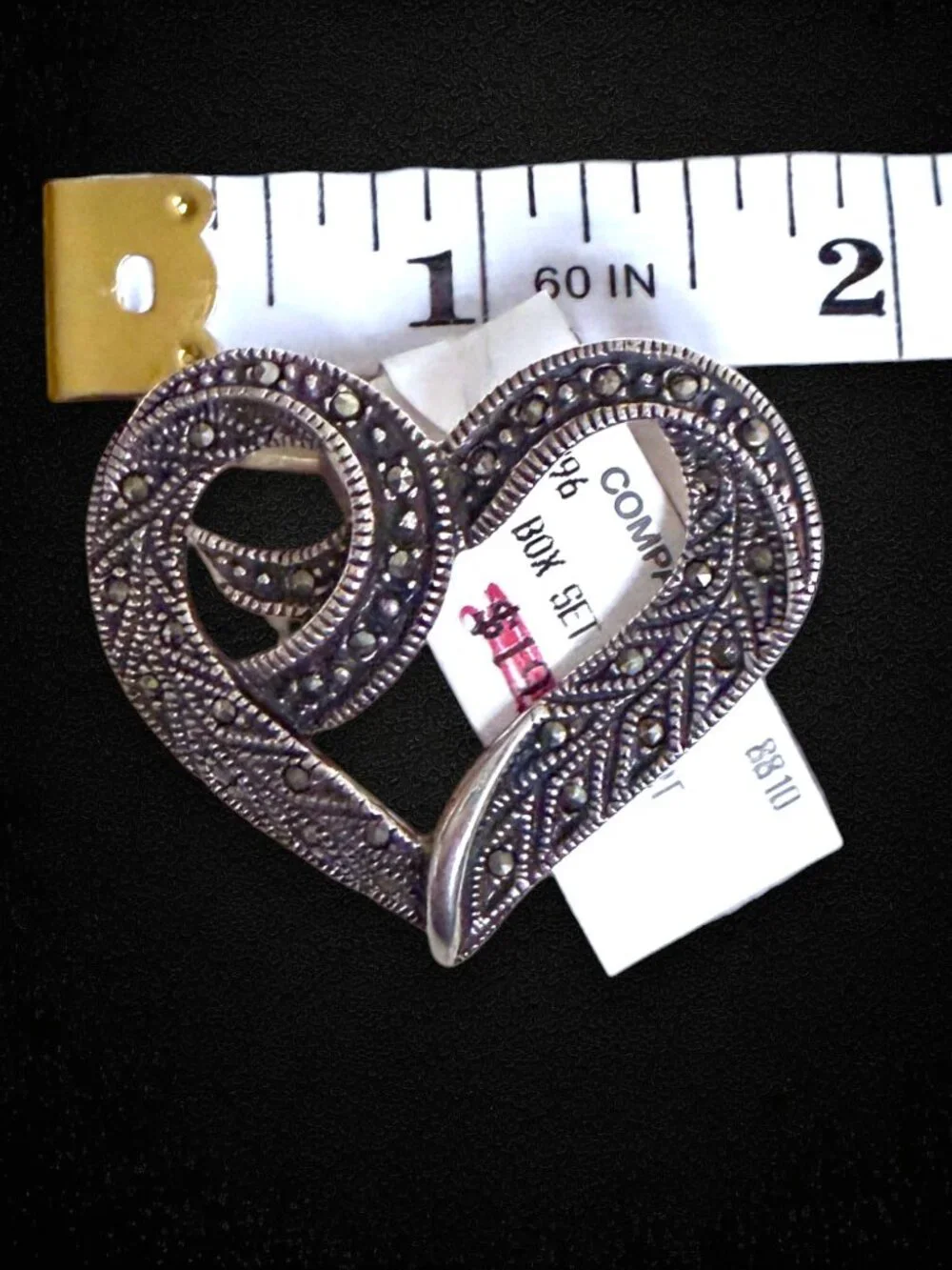 Vintage Sterling Silver Marcasite Open Heart Brooch Pin Art Deco Style 925